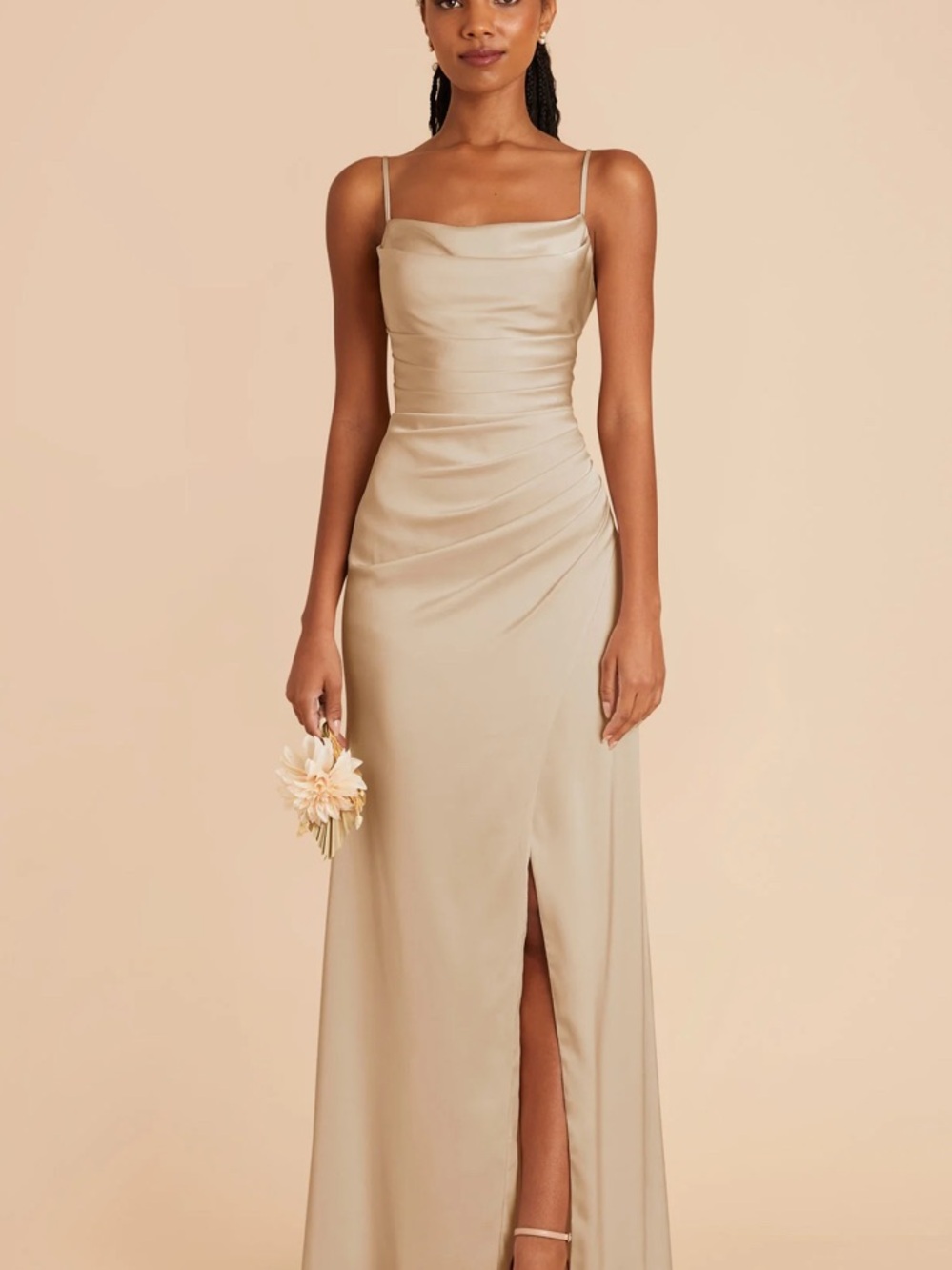 Birdy Grey Satin Cowl Neck Spaghetti Strap Maxi Dress in Champagne Gold